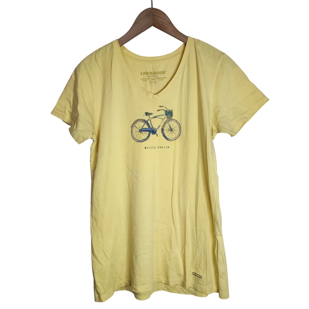 Life is Good Shirt Women's Medium Mobile Device Bike Crusher Short Sleeve Yellow